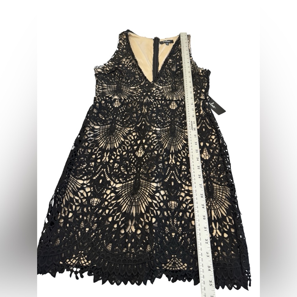 Lulu's Black & Gold Lace-Overlay Deep V Mini Dress - Picture 13 of 16